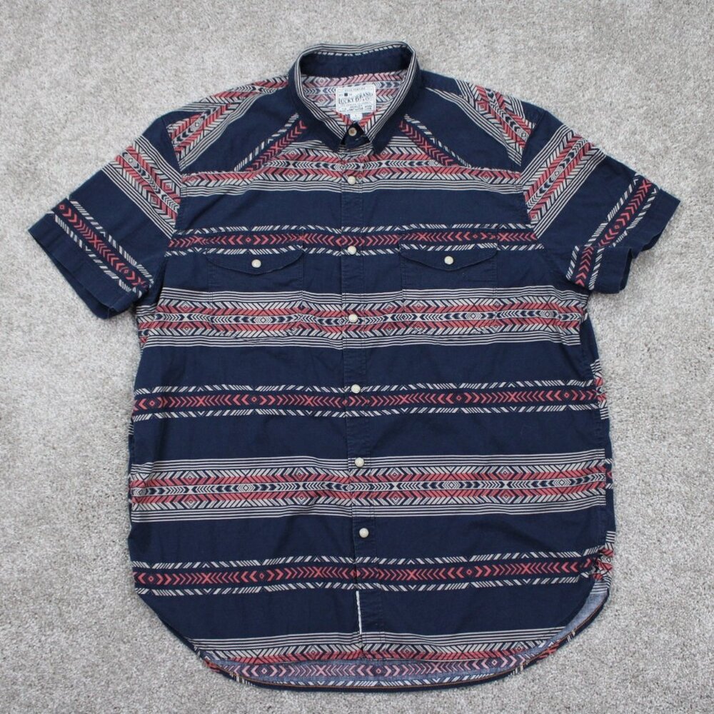 Lucky Brand Pearl Snap Shirt Mens Large‎ Blue/Pink/White Cotton Stretch S/S